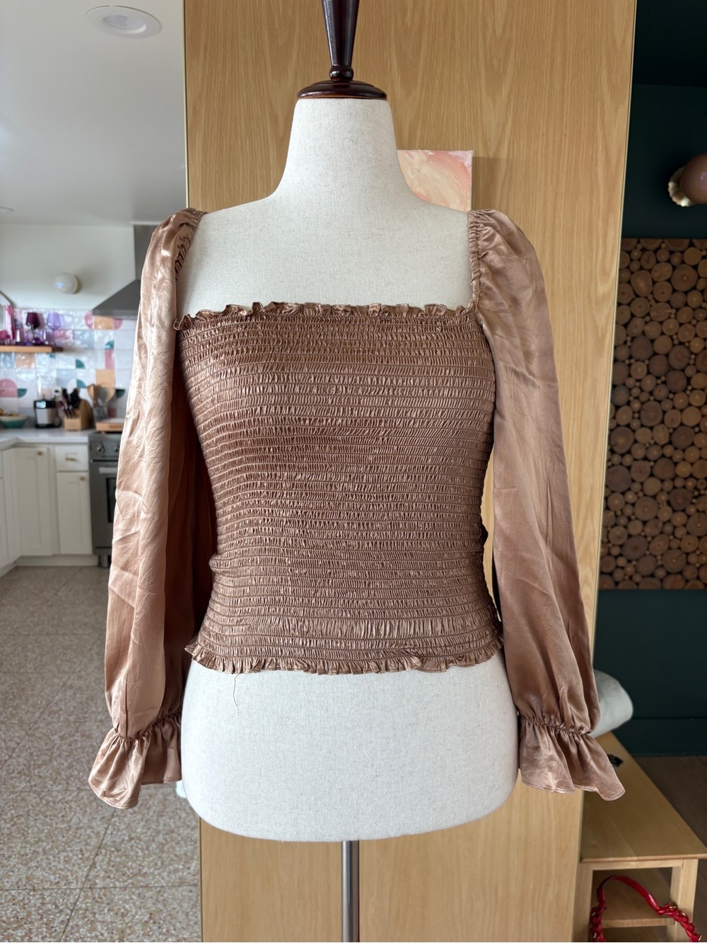 Reformation Silk Smocked Square-Neck Long Sleeve Top - bronze